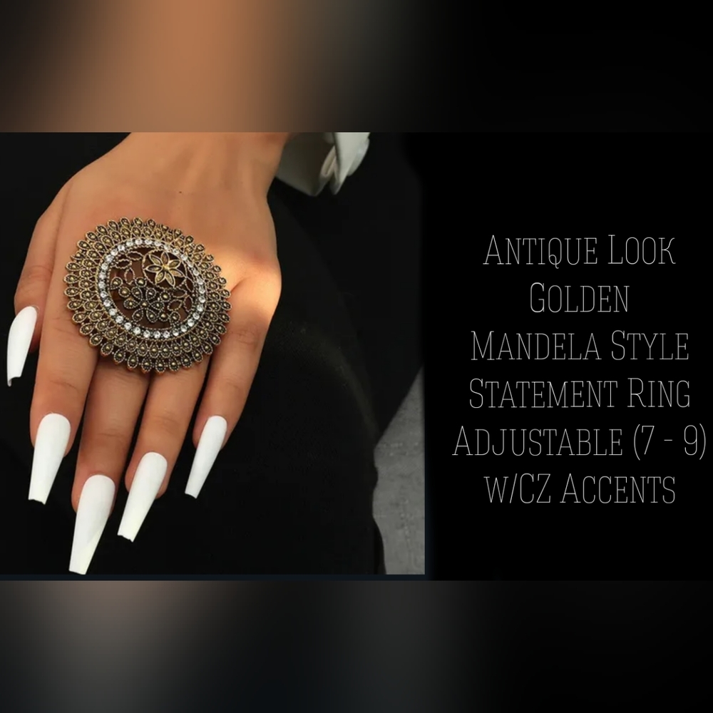 Mandela style statement ring with CZ, adjustable 7-9